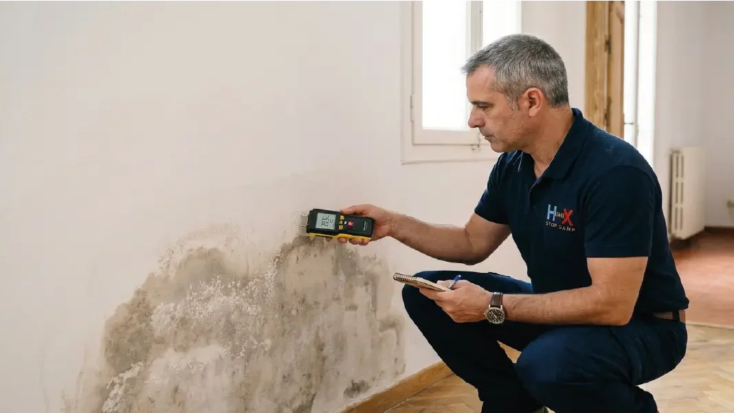 Técnico especialista midiendo el contenido de humedad en una pared con higrómetro de contacto durante un diagnóstico profesional