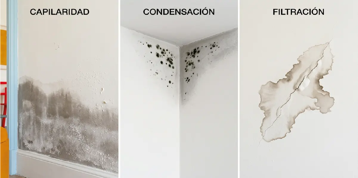 Diferencia entre manchas de humedad en las paredes por capilaridad, condensación y filtración.